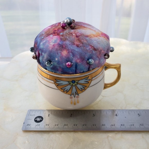 Galaxy Teacup Pincushion Hand Sewn With Craft Pearls Upcycled Austrian Cup NWOT - Picture 13 of 15
